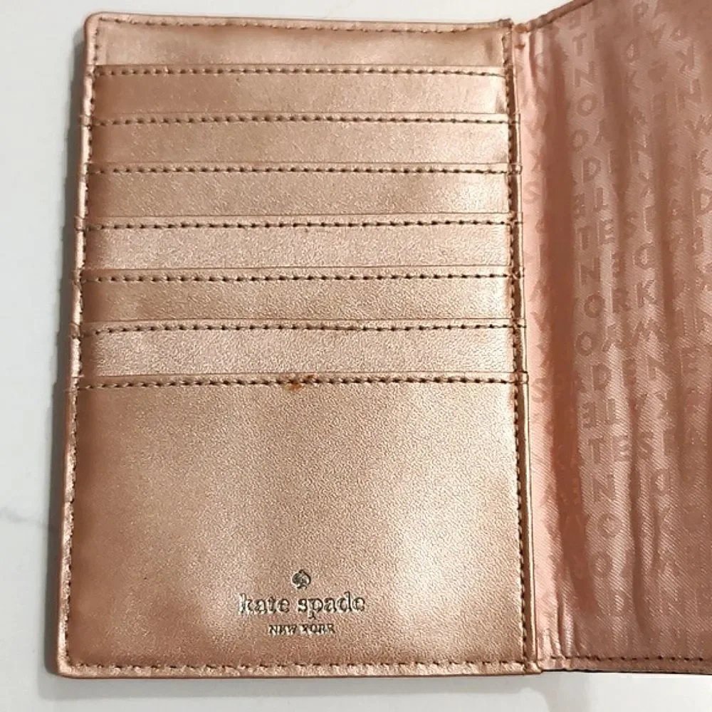 Kate Spade Metallic Rose Gold Leather Passport Holder Card Wallet